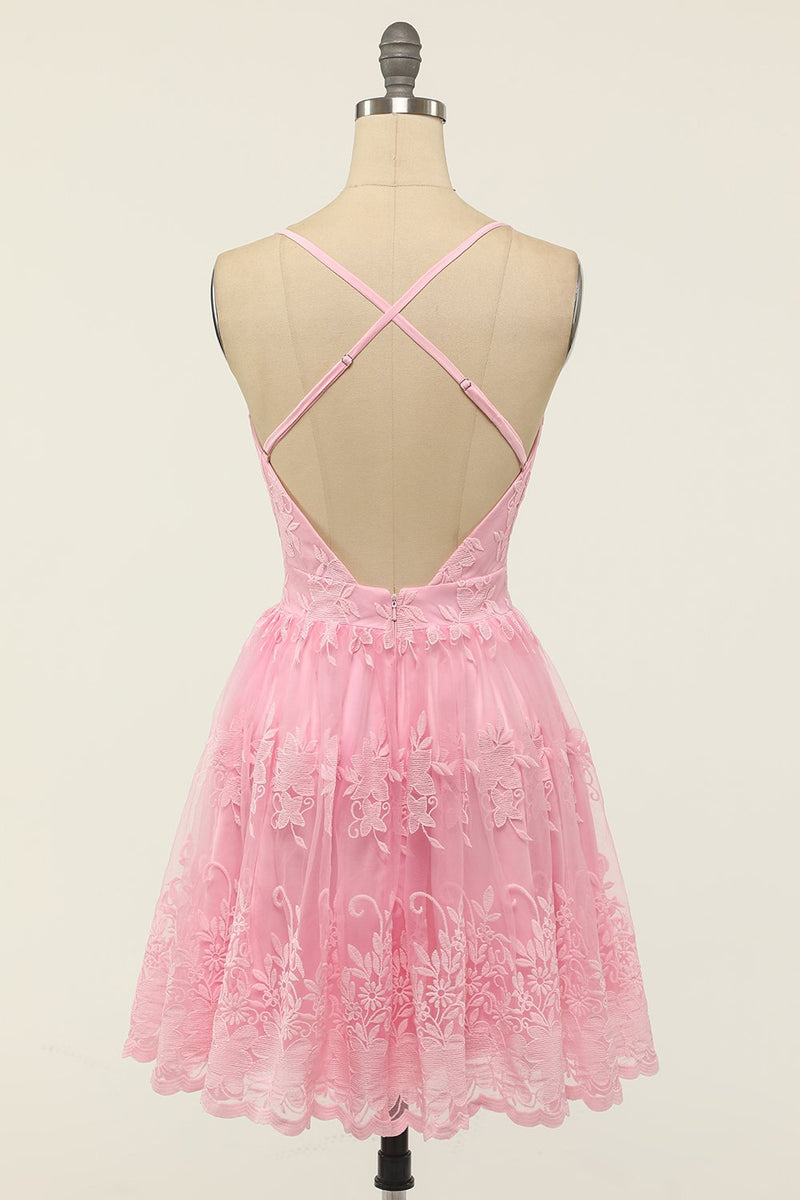 Carregar imagem no visualizador da galeria, Spaghetti cor-de-rosa tiras vestido curto de baile