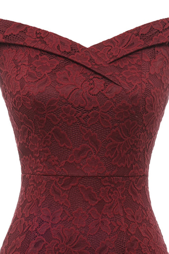 Sheath Off the Shoulder Burgundy Lace Dress