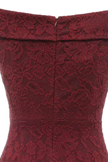 Sheath Off the Shoulder Burgundy Lace Dress