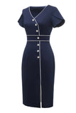 Vestido de Sheath V Neck Navy 1960