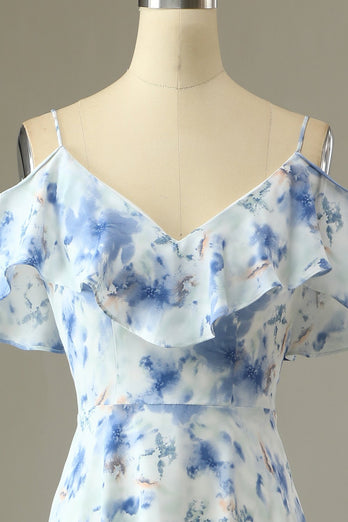 Uma linha fora do ombro azul floral imprimir longo vestido de dama de honra