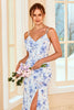 Carregar imagem no visualizador da galeria, Alças de espaguete de bainha azul floral vestido de dama de honra comprida com frente dividida
