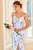 Carregar imagem no visualizador da galeria, Alças de espaguete de bainha azul floral vestido de dama de honra comprida com frente dividida