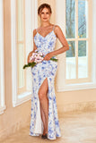 Alças de espaguete de bainha azul floral vestido de dama de honra comprida com frente dividida