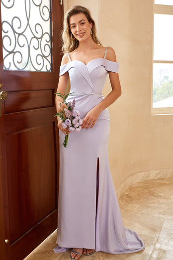 Sheath Off the Shoulder Lilac Long Bridesmaid Dress com frente dividida