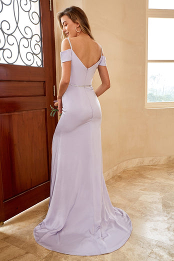 Sheath Off the Shoulder Lilac Long Bridesmaid Dress com frente dividida