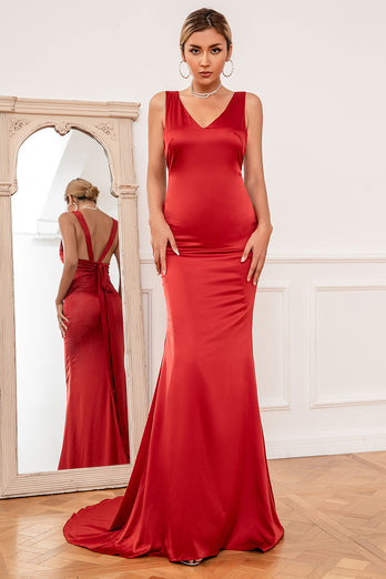 Sereia v pescoço rust red longo vestido de dama de honra