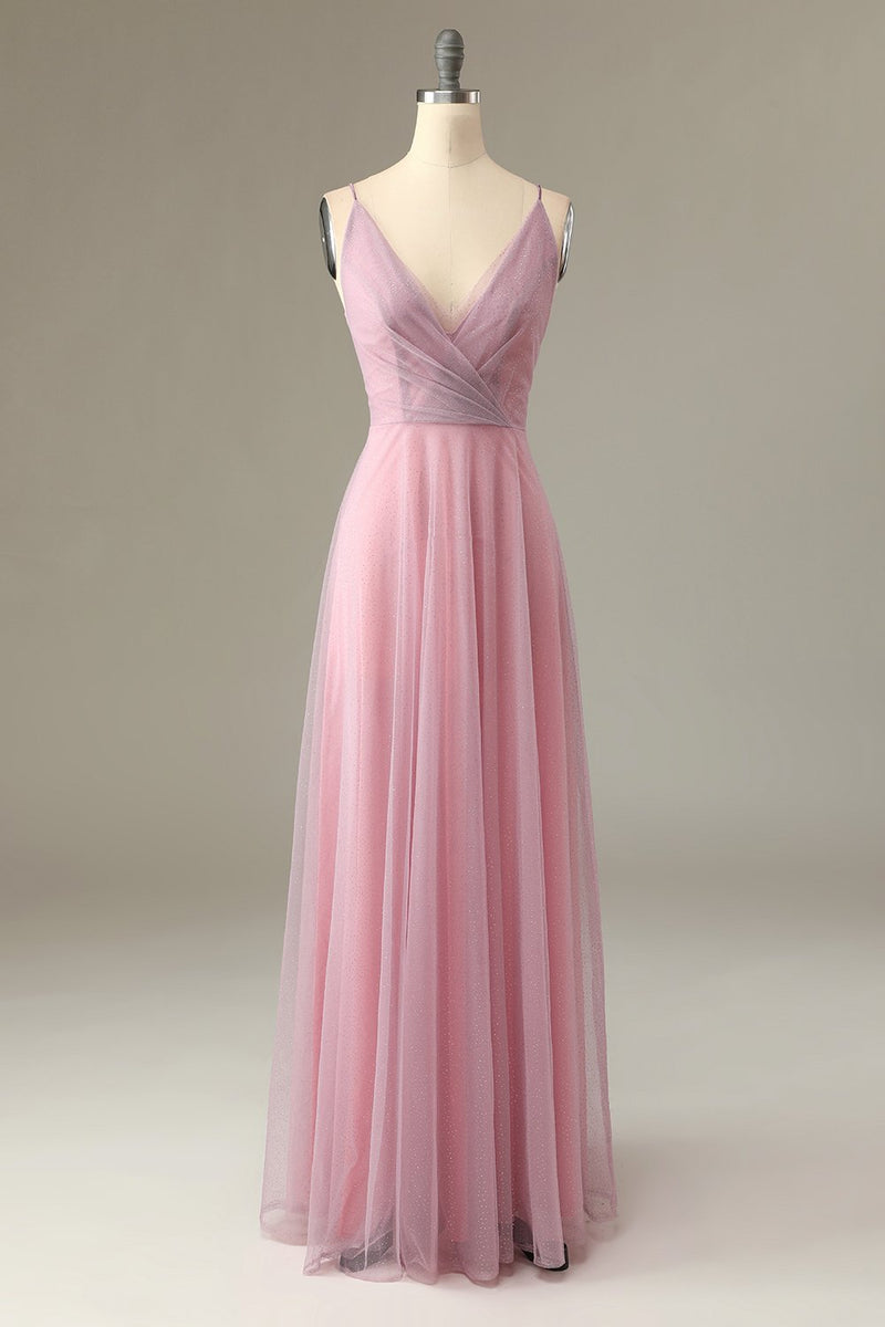 Carregar imagem no visualizador da galeria, Um spaghetti de linha tiras vestido de dama de honra rosa rosa