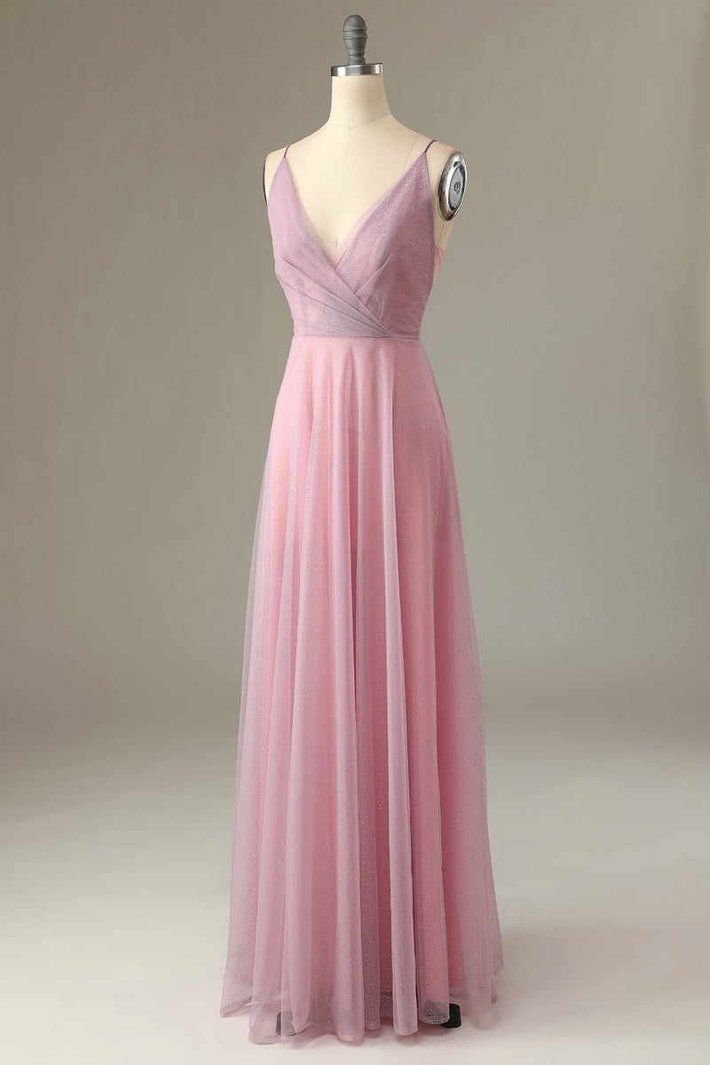 Carregar imagem no visualizador da galeria, Um spaghetti de linha tiras vestido de dama de honra rosa rosa