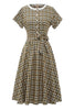 Carregar imagem no visualizador da galeria, Khaki Green Grid Mangas Curtas 1950 Vestido Vintage