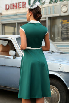 Vestido de balanço de lapel verde de 1950 com cinto