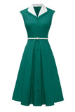 Lapel Neck Green Swing 1950s Vestido com cinto
