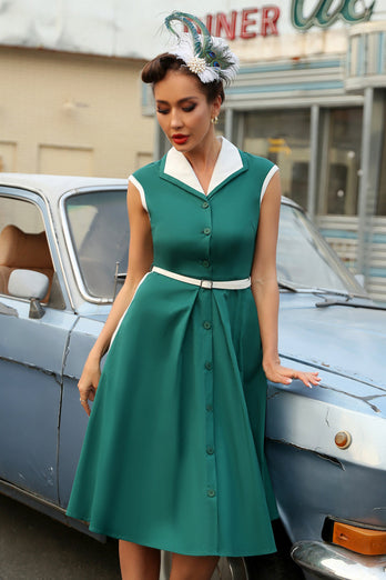 Vestido de balanço de lapel verde de 1950 com cinto