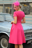 Fuchsia Mangas Curtas Vestido de 1950 com cinto