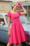 Fuchsia Mangas Curtas Vestido de 1950 com cinto