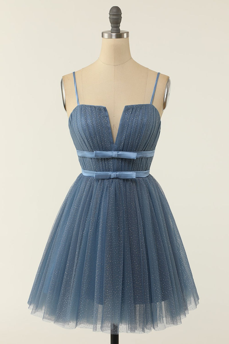 Carregar imagem no visualizador da galeria, Um spaghetti de linha tiras azul cinza curto vestido de homecoming