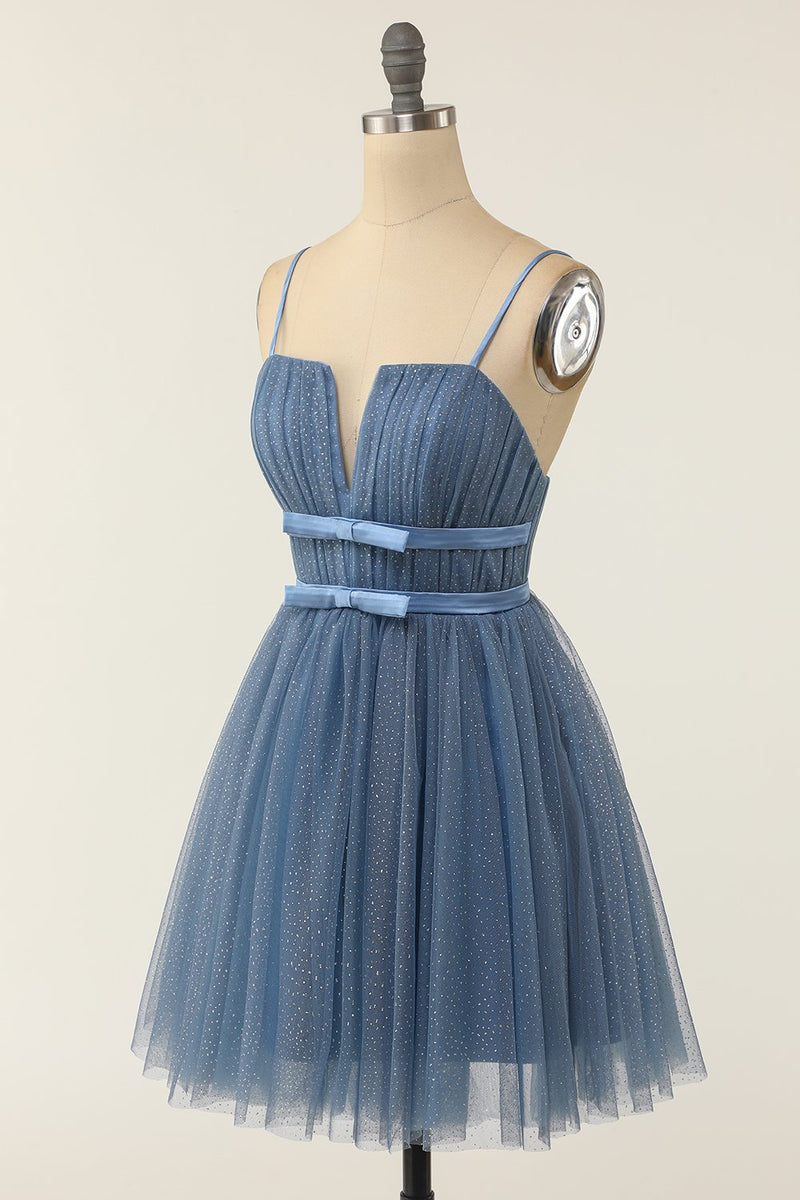 Carregar imagem no visualizador da galeria, Um spaghetti de linha tiras azul cinza curto vestido de homecoming