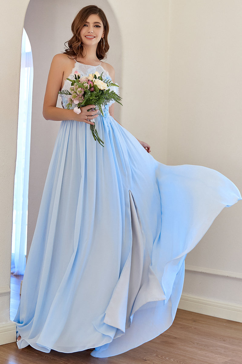 Carregar imagem no visualizador da galeria, Halter Light Blue Bridesmaid Dress