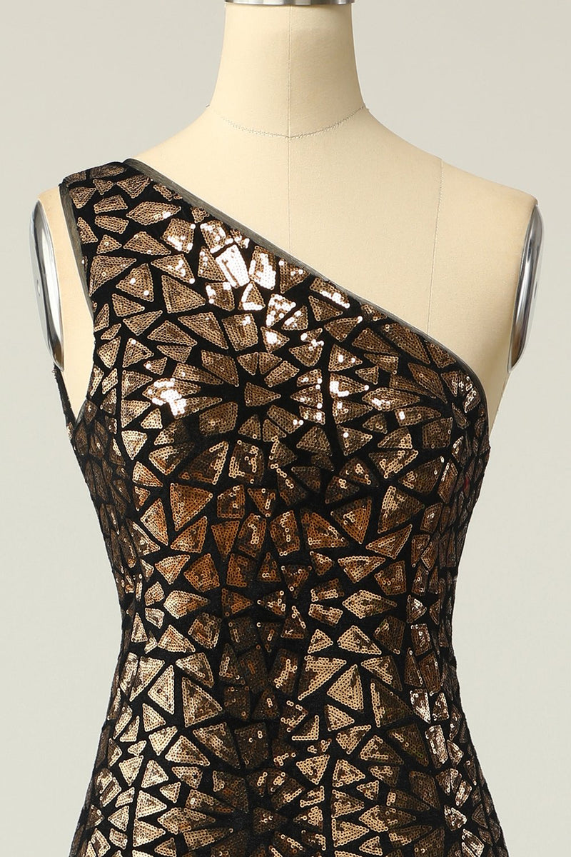 Carregar imagem no visualizador da galeria, Sereia One Shouler Dark Gold Sequins Vestido de baile