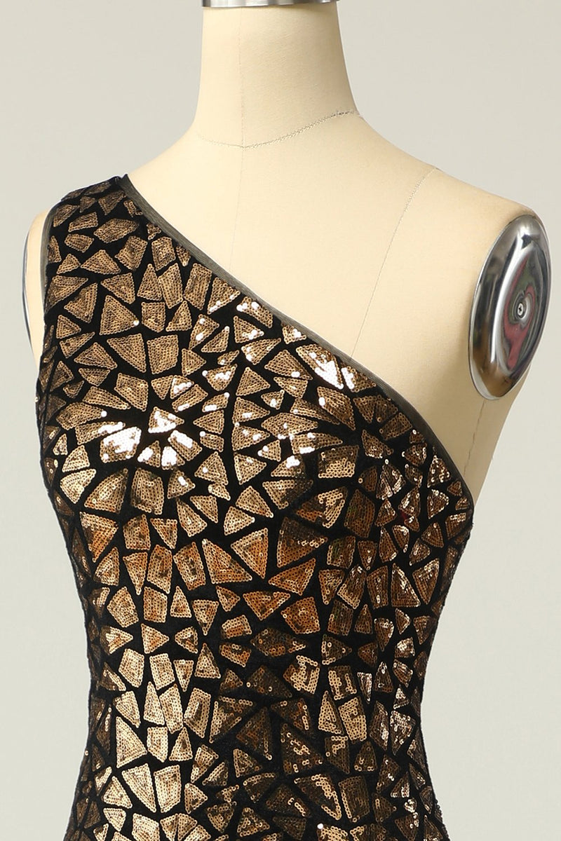 Carregar imagem no visualizador da galeria, Sereia One Shouler Dark Gold Sequins Vestido de baile