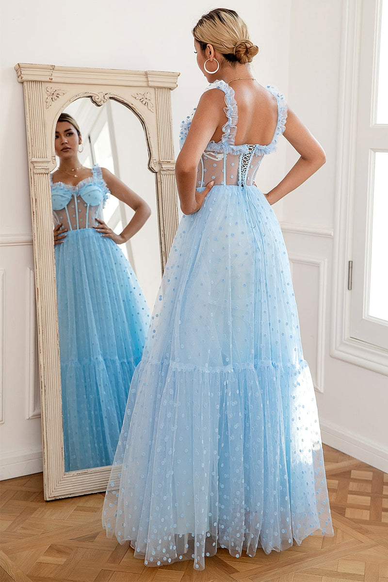 Carregar imagem no visualizador da galeria, Sky Blue Polka Dots Tulle Prom Dress