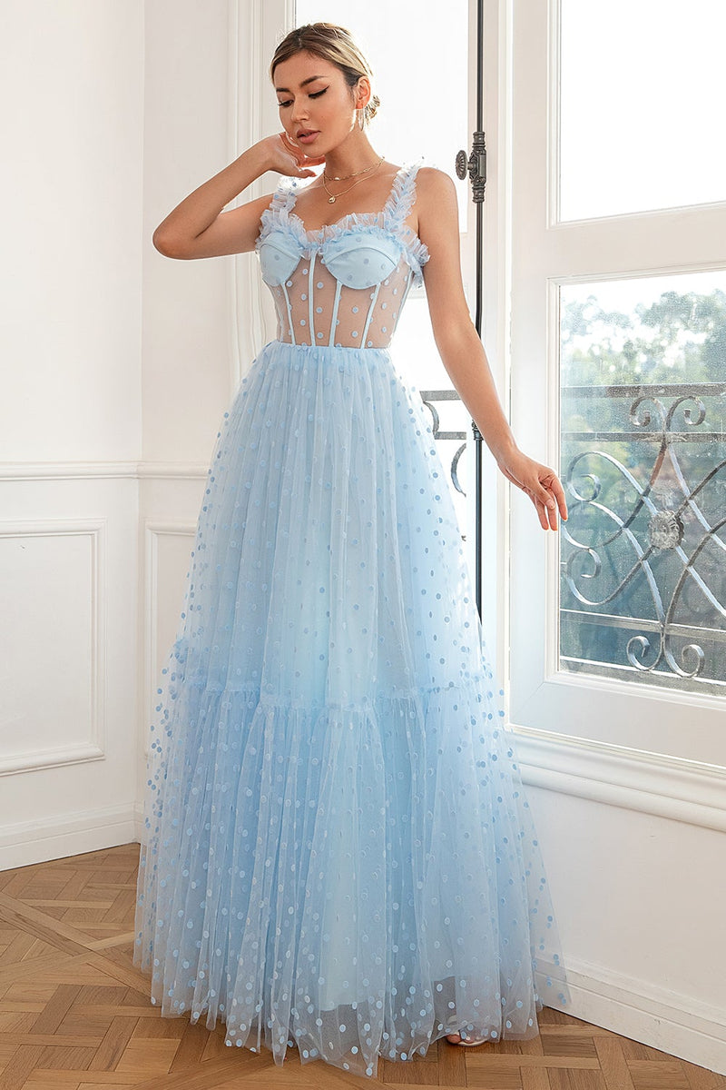Carregar imagem no visualizador da galeria, Sky Blue Polka Dots Tulle Prom Dress