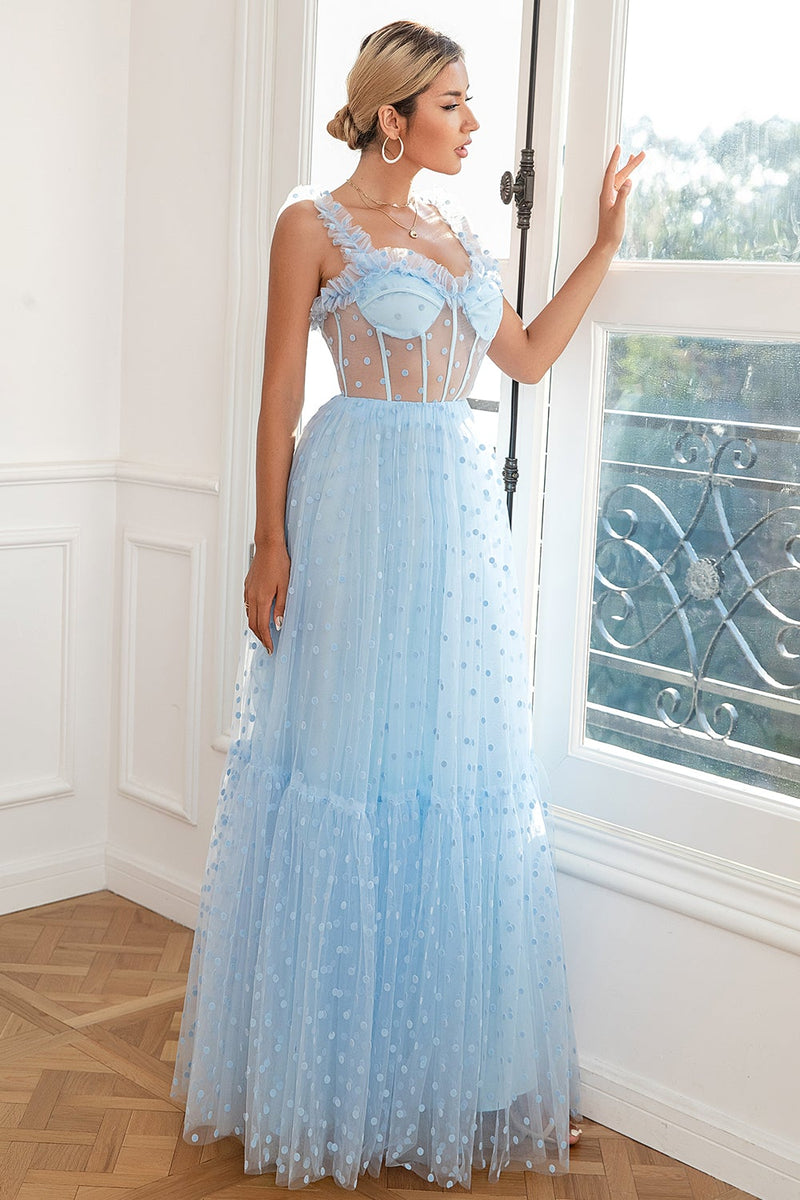 Carregar imagem no visualizador da galeria, Sky Blue Polka Dots Tulle Prom Dress