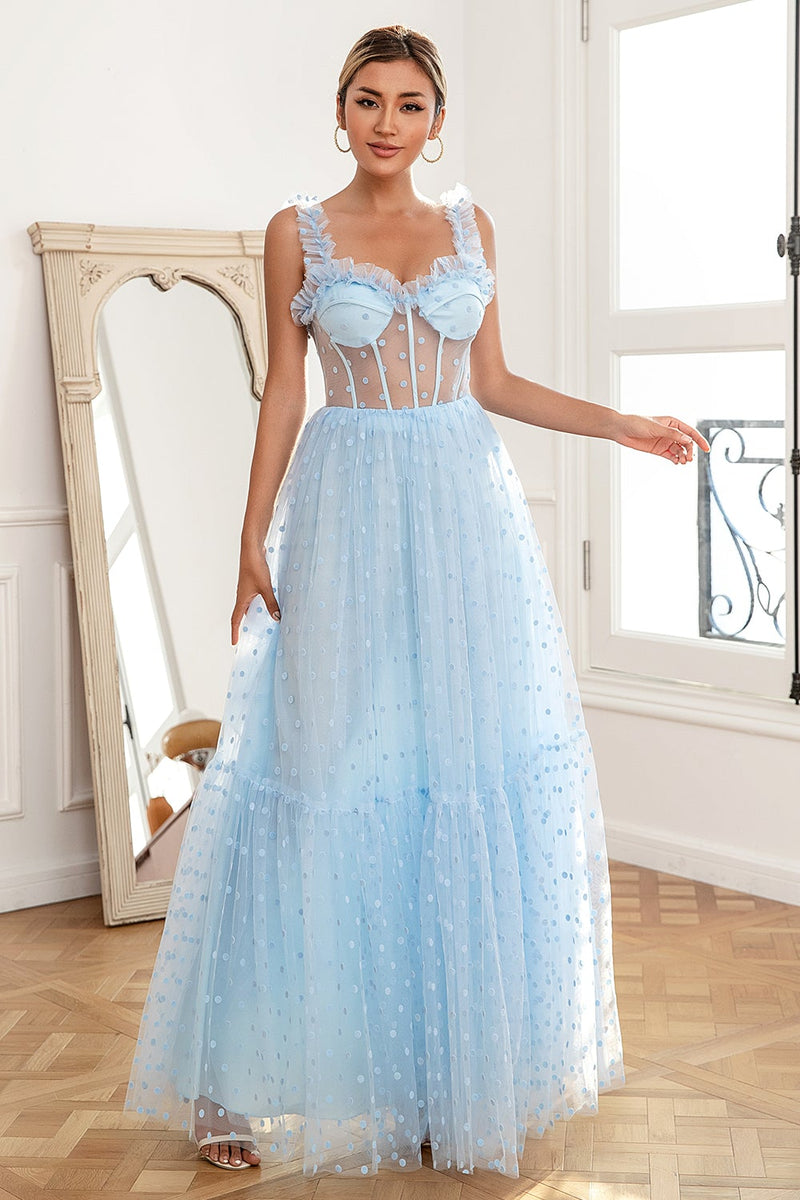 Carregar imagem no visualizador da galeria, Sky Blue Polka Dots Tulle Prom Dress