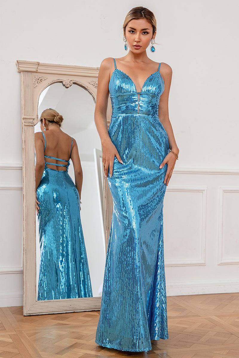 Carregar imagem no visualizador da galeria, Sereia Spaghetti Tiras Lantejoulas de prata vestido longo baile sem costas