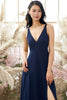 Carregar imagem no visualizador da galeria, Vestido de dama de honra de chiffon com decote em V azul