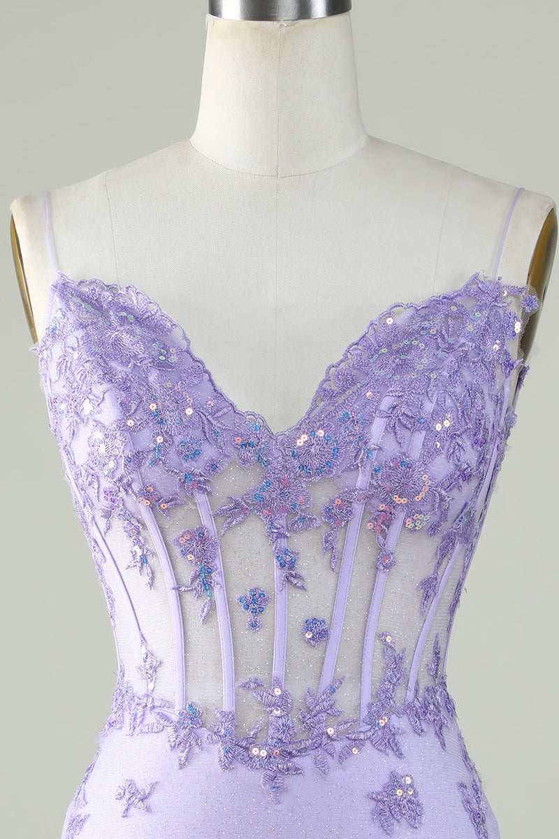 Carregar imagem no visualizador da galeria, Bodycon Esparguete Correias Purple Corset Homecoming Dress com Apliques