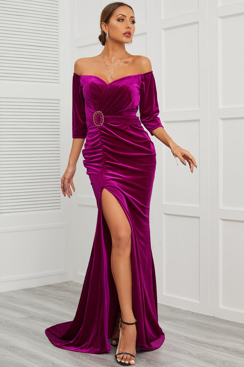 Carregar imagem no visualizador da galeria, Vestido comprido fora de ombro com frente dividida