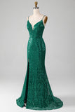 Brilhante verde escuro frisado Sequins longo vestido de baile com fenda
