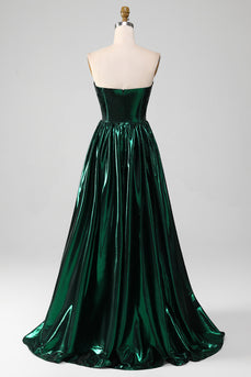Glitter Verde Escuro Espartilho Metálico Vestido Longo Prom