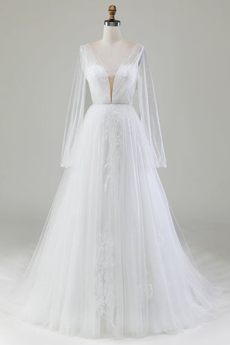 Marfim A-Line V-Neck plissado vestido de noiva tule com mangas compridas