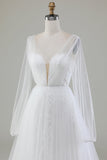 Marfim A-Line V-Neck plissado vestido de noiva tule com mangas compridas