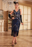 Sparkly Blue Fringed Sequins 1920s Flapper Vestido com Missangas