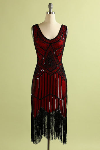 Vestido vermelho e preto Deep V Neck Flapper 1920