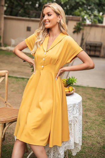 Elegante vestido vintage amarelo v pescoço