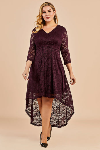Borgonha high low plus vestido de renda de tamanho alto