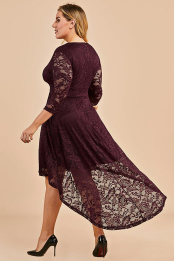 Borgonha high low plus vestido de renda de tamanho alto