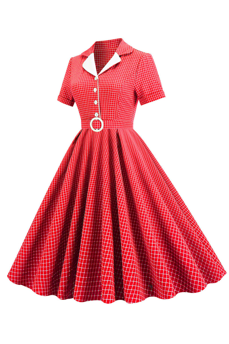 Carregar imagem no visualizador da galeria, Vestido de xadrez vermelho de estilo retrô de 1950