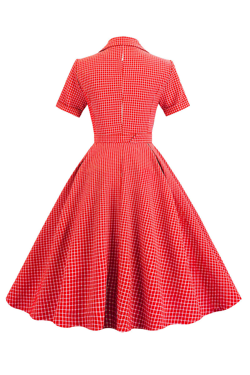 Carregar imagem no visualizador da galeria, Vestido de xadrez vermelho de estilo retrô de 1950