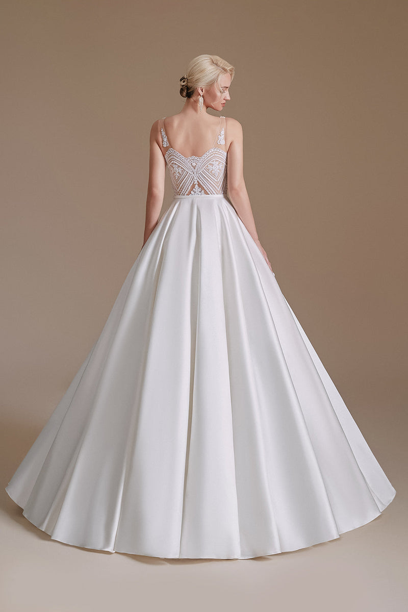 Carregar imagem no visualizador da galeria, Vestido de noiva de pescoço em V-line branco com renda