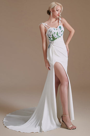 Vestido de noiva de trem de varrimento sem costas da sereia branca com apliques