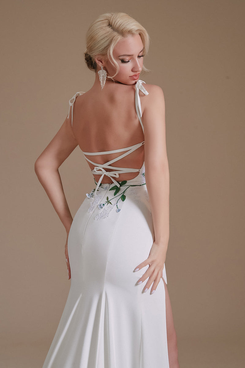 Carregar imagem no visualizador da galeria, Vestido de noiva de trem de varrimento sem costas da sereia branca com apliques
