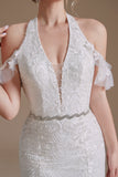 Vestido de noiva de trem de varrimento de sereia branca com renda
