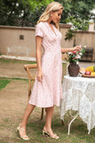 Vestido de verão estampado de pescoço v rosa v