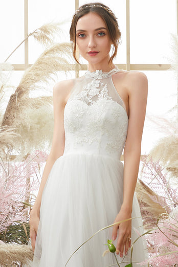 Vestido de noiva de pescoço de halter branco