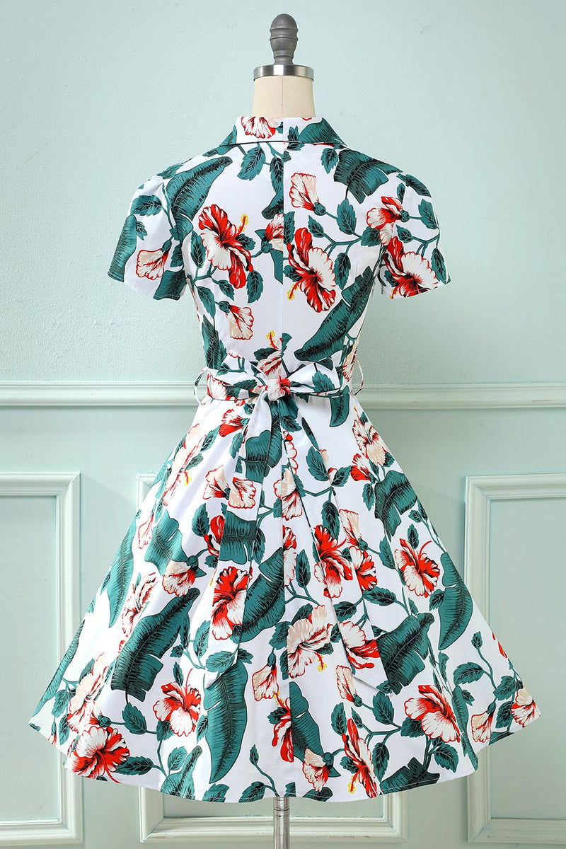 Carregar imagem no visualizador da galeria, Retro V folha de pescoço impresso vestido vintage